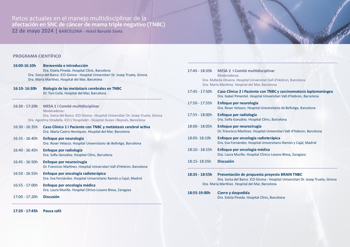 El próximo 22 de mayo se celebrará en Barcelona el curso de ‘Retos actuales en el manejo multidisciplinar de la afectación en SNC de cáncer de mama triple negativo (TNBC)’. Os dejamos el programa a continuación. Para más info e inscripciones: secretaria@geino.es ¡Os esperamos!👏