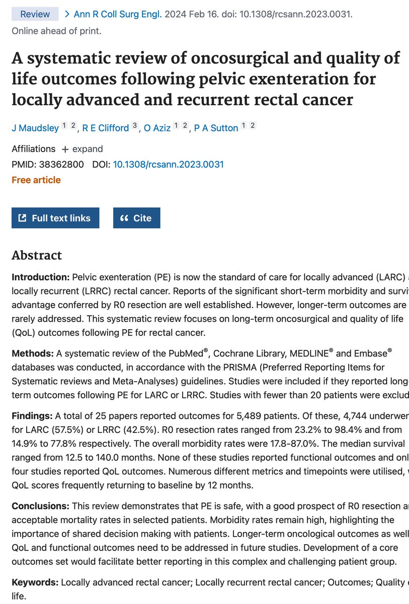 Review of 5489 patients: Pelvic exenteration for rectal cancer had R0 resection rates 23.2%-98.4% for LARC, 14.9%-77.8% for LRRC. Morbidity rates ranged 17.8%-87.0%; median survival was 12.5-140 months. #CancerSurgery #QualityOfLife #PatientOutcomes
