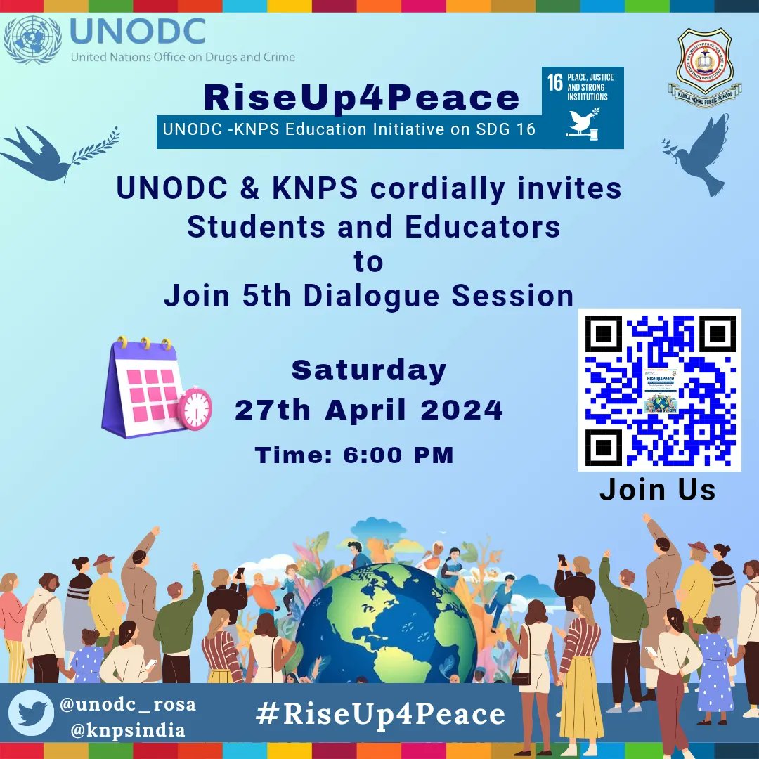 KnpsIndia's tweet photo. 5th #DialogueSession
UNODC - KNPS cordially invites you all
Day: Saturday
Date 27th April 2024
Time:6 PM (IST)
Joining Link:
https://t.co/inpllMUDyn
Registration Link to be the part of RiseUp4Peace #Partner4Peace
https://t.co/xUp96NmVER
Regards
RiseUp4Peace Team https://t.co/LYAURate5K