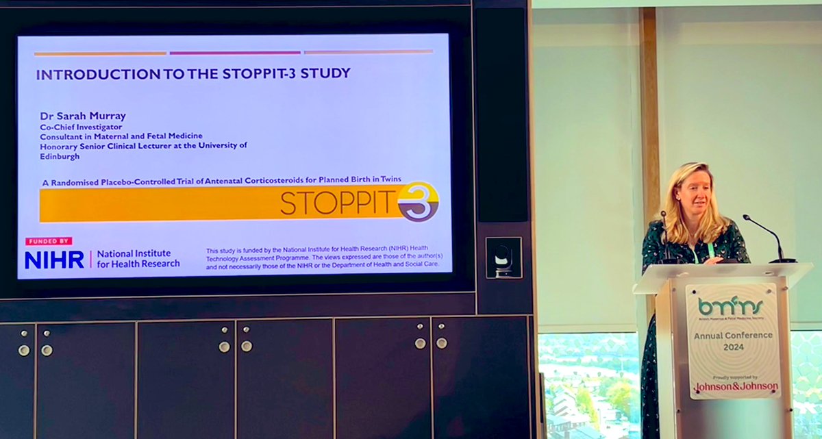 Here’s @SRMurray_1 giving #BMFMS24 an update on @Stoppit3Study - the national study answering important research questions for multiple pregnancies @TwinsTrust @cmvm_research @EdinUni_CRH