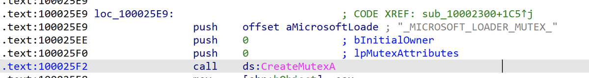 #Reversing #tip API function call CreateMutexA always gives you a chance to get IOCs In this case ➡️ '_MICROSOFT_LOADER_MUTEX_'