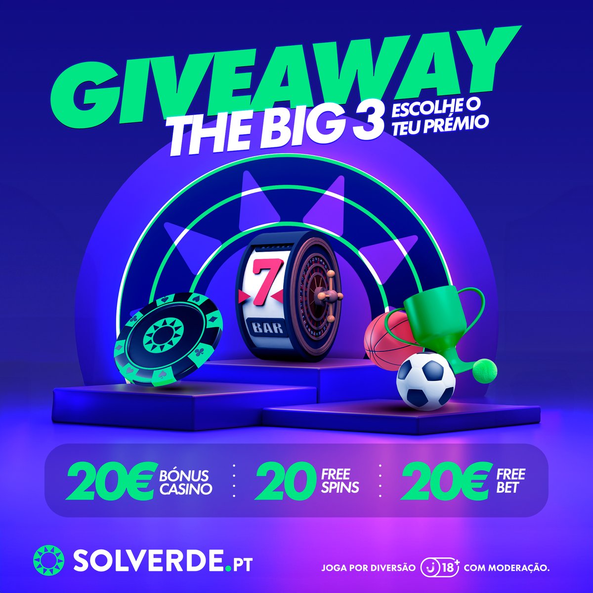 Giveaway - The Big 3 🎰🎲⚽🏀🎾
Participa e escolhe um dos 3 prémios!

Bónus em Casino, Free Bets ou Free Spins sem rollover para 3 vencedores!

ℹ️ Como participar:
Faz RT + segue-nos

Participação até fim deste domingo.
Sorteio: 2a

T&amp;C: 🌍 sol-ver.de/pd2vUOT