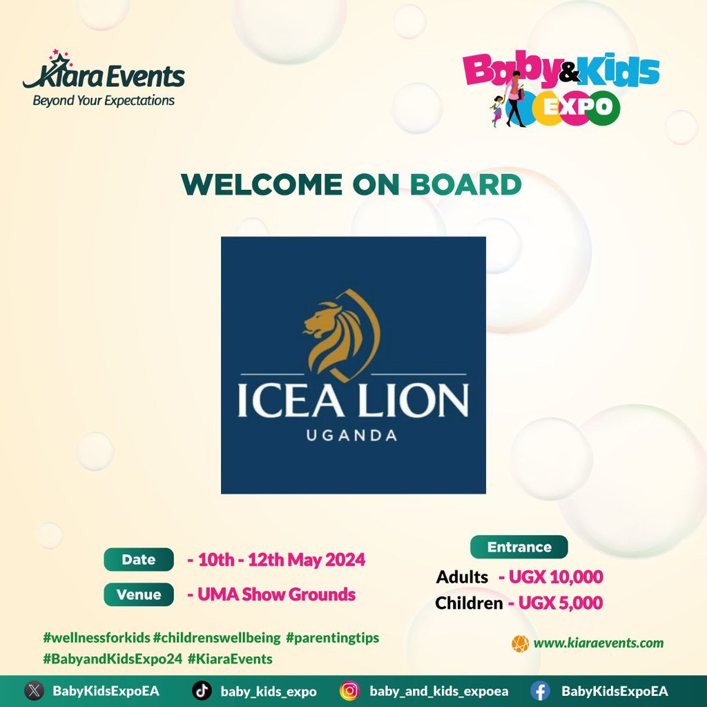 Meet @ICEALION at the #BabyandKidsExpo24, offering a comprehensive range of financial services including innovative products in insurance, pension, investment and savings.

Visit their stall: 
📌 10th - 12th May 2024
📌 UMA Showgrounds
To book your stall: 0702192718/0775 587505