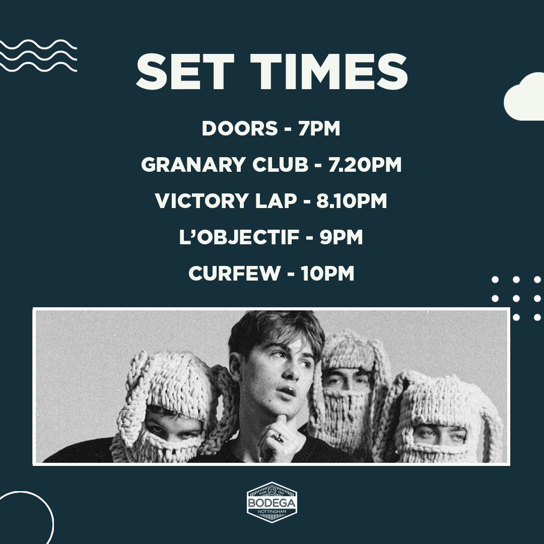 SET TIMES Steadily climbing the indie ladder, @lobjectifband are bringing their urgent and concise songwriting to our place tonight, armed with new EP 'The Left Side'. Support comes from Noir-Pop locals Victory Lap and Granary Club. Still a few tickets on the door!