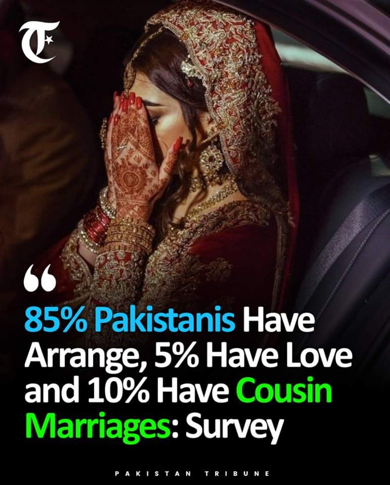 A recent survey by Gallup Pakistan has unveiled that 85% of Pakistanis have arranged marriages and merely 5% of couples are reported to have love marriages.

The rest 10% have cousin marriages as per the survey of Pakistan Tribune (Satire)

#pakistantribune #Pakistaniwedding