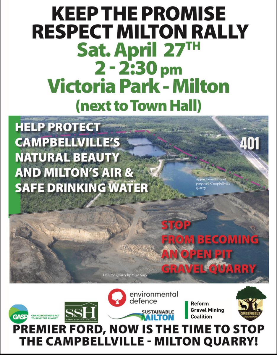 Hey, #HamOnt Join us on Saturday at 2 pm in Milton. 

Let’s show Ford how we feel. 

Whether it is concern about new quarry licenses, the 413 scheme, assaults on Conservation, or Bill 185–allowing speculator-led boundary expansions at any time.