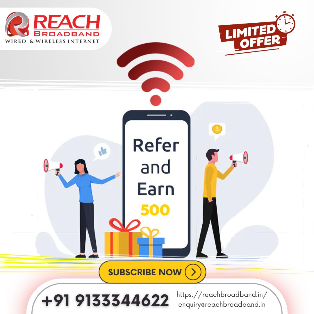 #ReachBroadband #LimitedTimeOffer #ReferAndEarn #500INR #ReferralProgram #EarnRewards #SpreadTheWord #ShareTheJoy #HighSpeedInternet #BroadbandService #Hyderabad #InternetProvider #EarnMoney #ReferAFriend #RewardProgram #ReferNow #ExcitingOffer #SpecialPromotion #EarnCash 🎉💰🌐