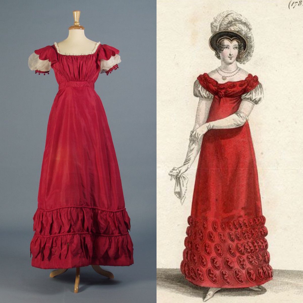 Gauzy white puff sleeves feature both in this surviving #1820s dress and a slightly earlier fashion plate, drawing on Gothic fictions and Tudor aesthetics here. Self decorated hems and gathered bodices are replicated too, from image to object @KSUMuseum #fashionhistory