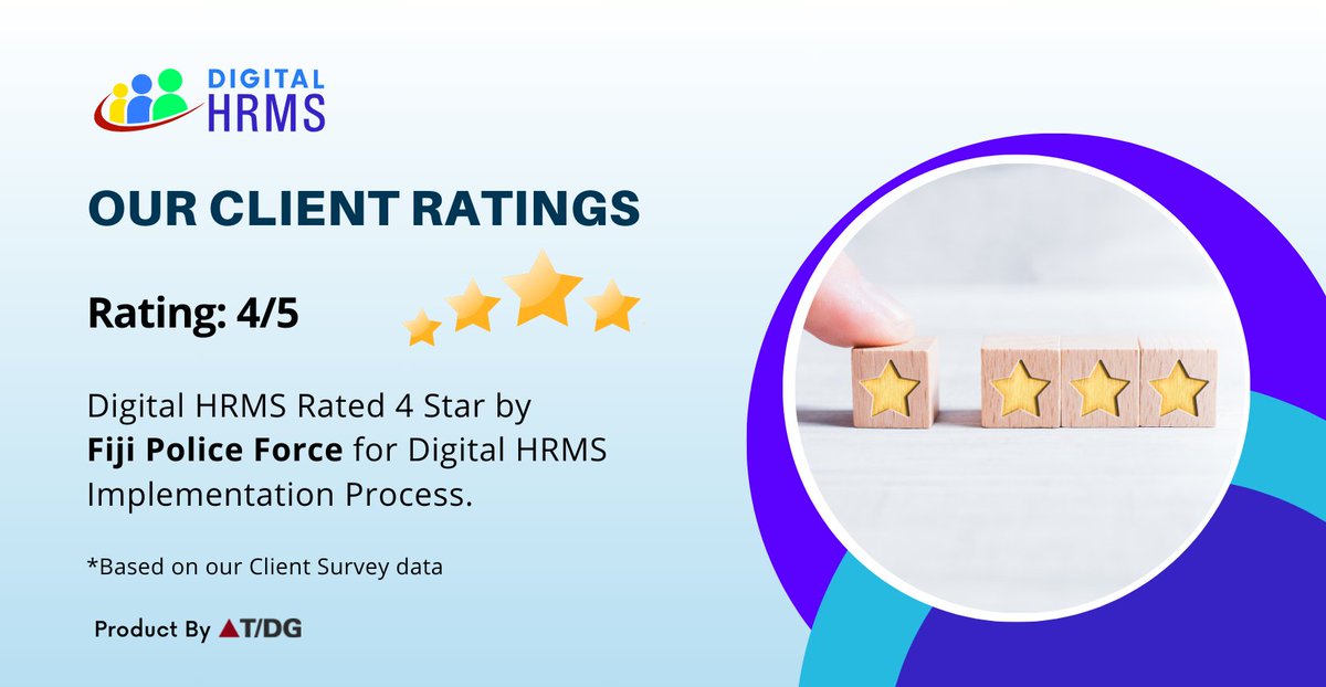 The Digital HRMS implementation process got appreciated from our customers. We are glad to receive 4 Stars for our Implementation Process from Fiji Police Force. Click digitalhrms.com #HappyCustomers #CustomerSurvey #ClientSurvey #UserExperience #DigitalHRMS #hrsotware