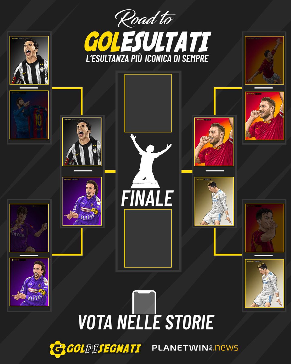 🏆 Semifinali!
@delpieroale 🆚 @GBatistutaOK 
@Totti 🆚 @Cristiano 

Hai 24ore per votare nelle Storie del nostro profilo IG i due finalisti.

Quale sarà l’esultanza più iconica di sempre? Sei TU a decidere!

#goldisegnati #planetwin365news #delpiero #totti #cr7 #batistuta