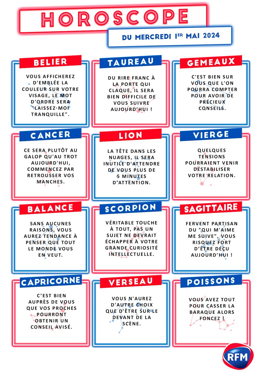 Oui c'est férié, 🤓 mais ça ne vous empêche pas de lire votre #HoroscopeRFM ! 🤩 #RFMMatin