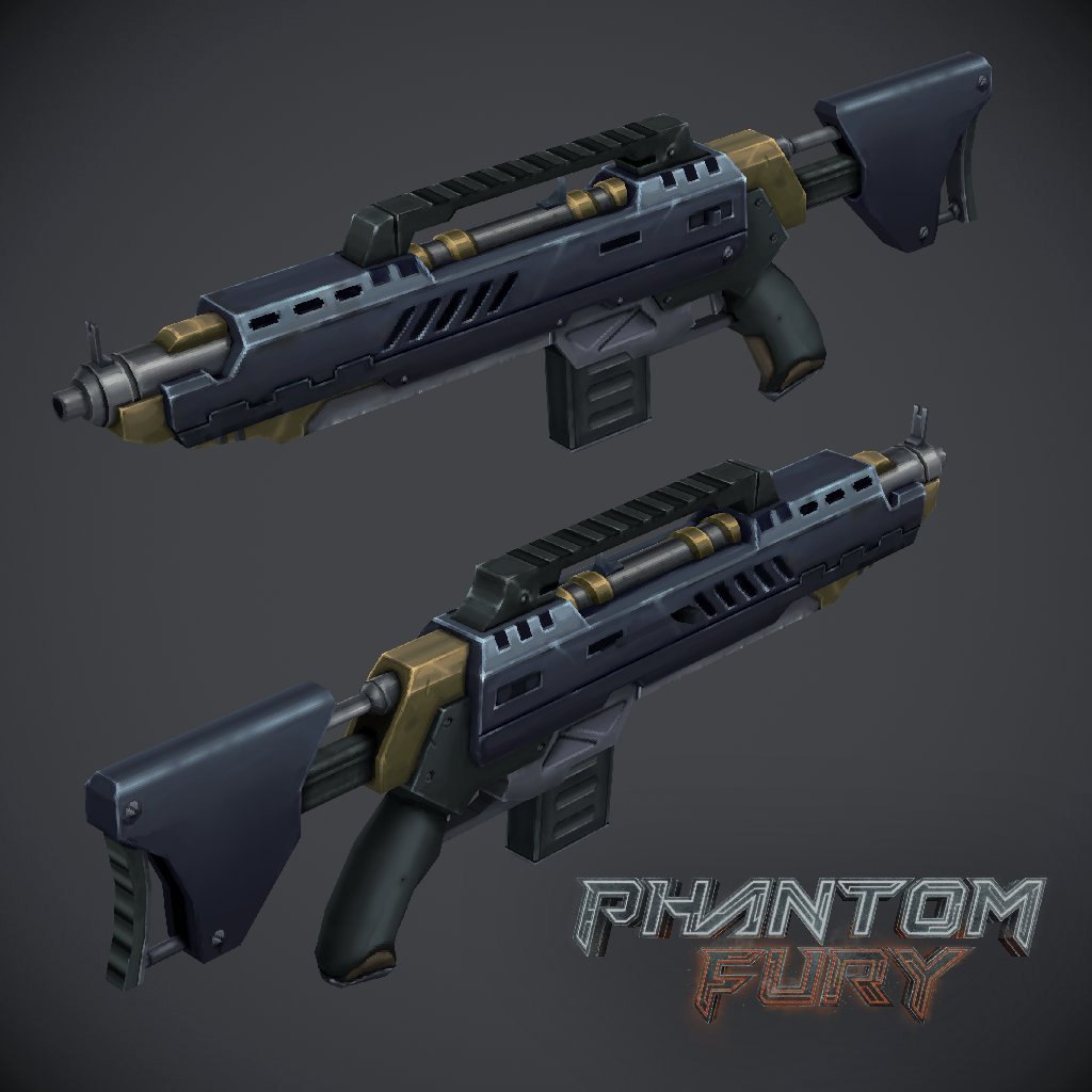 Reposting with the release of Phantom Fury. I painted the texture on the Assault Rifle while the talented <a href="/swimclubdunk/">Cosmic Dawn Dev</a> worked on the model.
#lowpoly #gamedev #phantomfury #retrogaming #handpainted