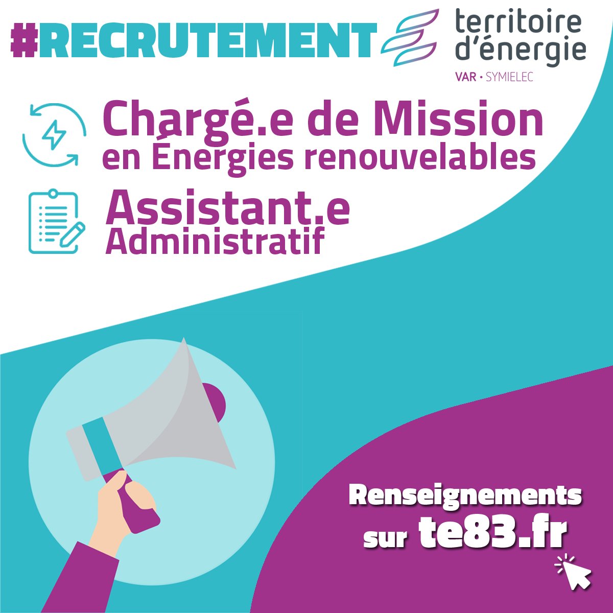 [📢 #Recrutement] 

Territoire d'énergie Var - Symielec #recrute pour compléter le service #TransitionÉnergétique :  

📌 Chargé.e de Mission en Énergies Renouvelables 
📌 Assistant.e  Administratif

➕ d'infos :
👉 te83.fr/actualite/