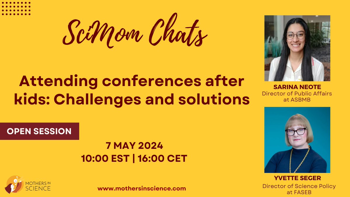 Join us along with @SNeote and @YvetteSeger for a brainstorming session to discuss policies and actionable solutions to encourage and support caregivers in attending scientific conferences. This is a FREE event for all. Register now 👉mothersinscience.com/scimomchats