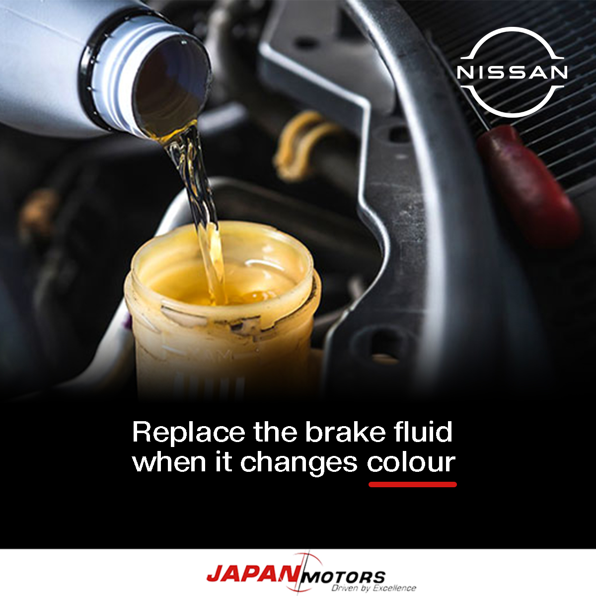 Whenever you change the oil, make sure the brake fluid is not black in color by checking it. In the event that it is, replace the braking system as soon as possible. Book a service: nissanghana.com/en/nissan-owne… Call our hotline📞:0244338393 #NissanGhana #roadsafety #maintenance