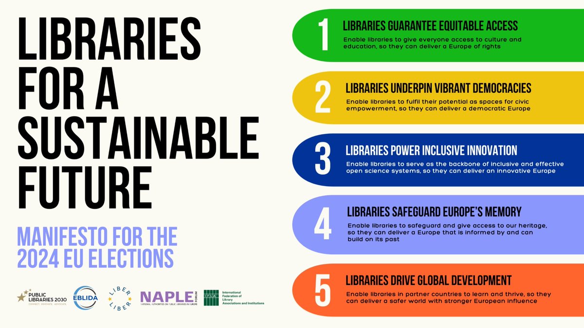 🇪🇺 @LibrariesEU, @eblida, @LIBEReurope, @NAPLEforum e a @IFLA asinan un manifesto no que piden aos candidatos ás eleccións ao Parlamento Europeo que garantan o papel das bibliotecas na construción dunha Europa máis forte, unida e sostible