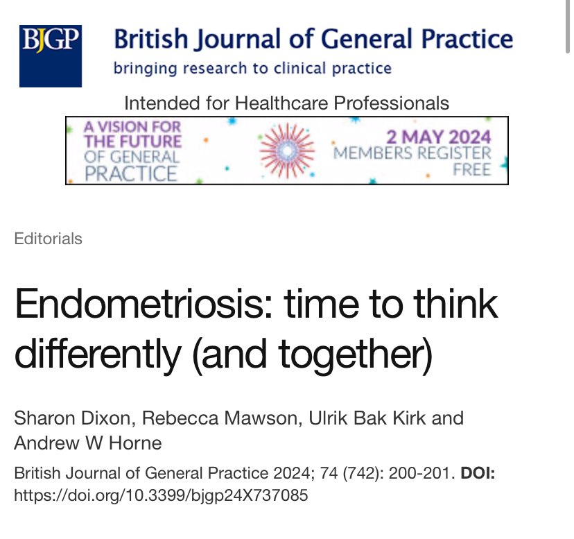 @BJGPjournal - Great to see our editorial about endometriosis research in primary care. bjgp.org/content/74/742… @SCHARRSheffield @horne_research @NIHRcommunity @sheffielduni @SRH_SAPC_SIG