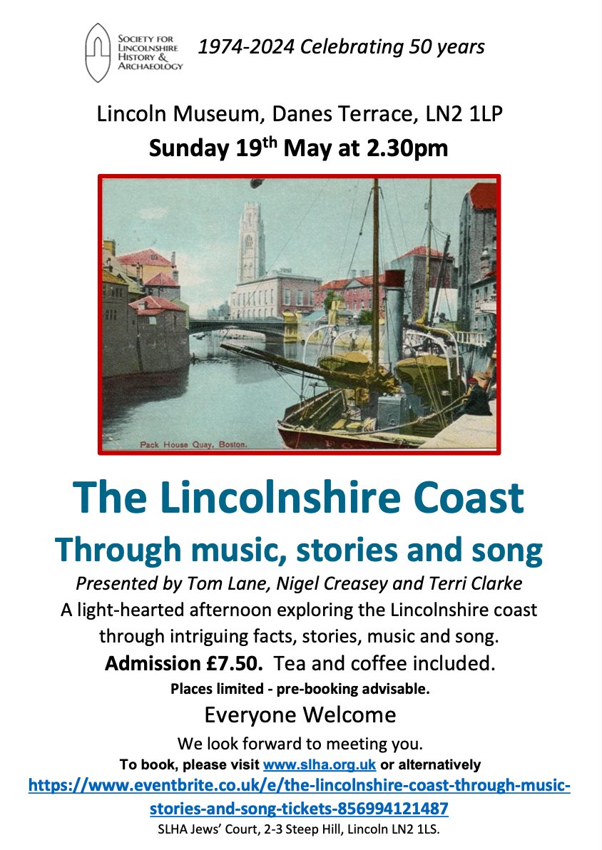 Delighted to share an upcoming event from our friends at @SocLincsHist: The Lincolnshire Coast through Music, Stories and Song will take place at @lincmuseumusher on May 19th. Tickets through Eventbrite: eventbrite.co.uk/e/the-lincolns…