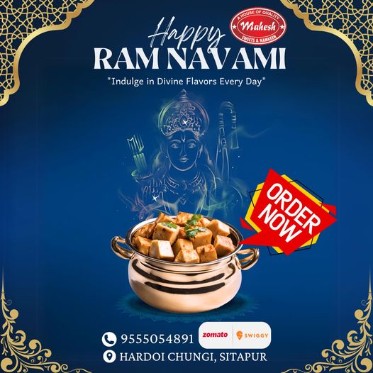 Happy Ram Navami
.
Order Now 
.
Mahesh sweets & restaurant
Address:- Captain Manoj Pandey Chowk, Hardoi Chungi, Sitapur
Contact :- 9555054891
.
#sriramanavami #happyramnavami #mahanavami #navami #navratri #durganavami #happysriramanavami #navaminight #navamivibes #navamiscenes