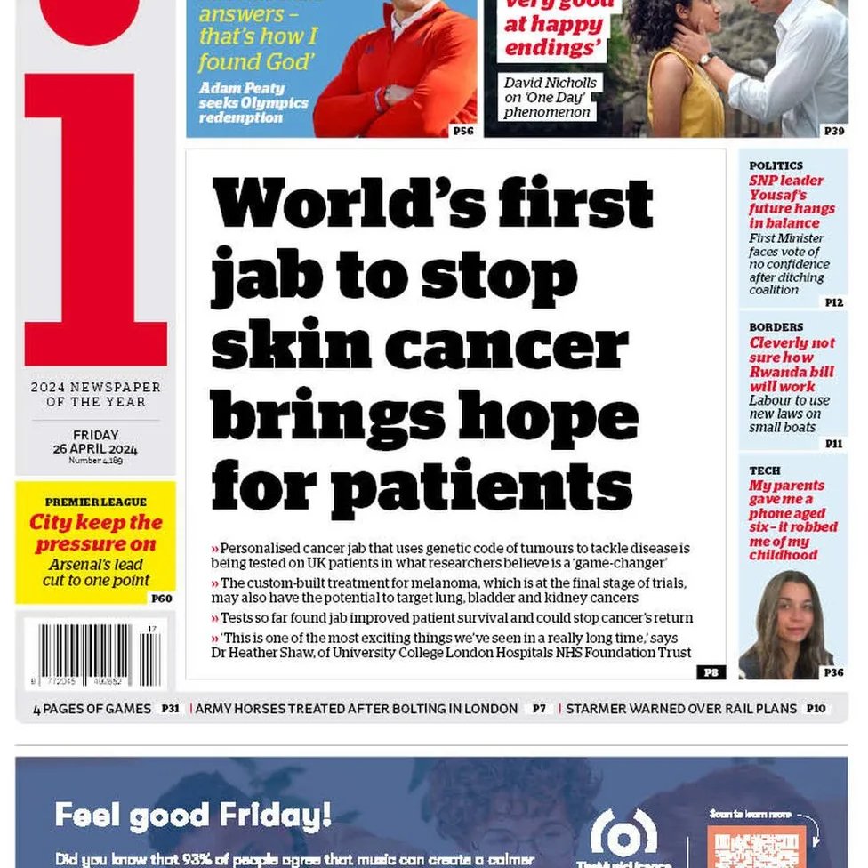 The world's 1st jab to stop skin cancer brings hope for patients & uses mRNA technology. The personalised vaccine, using the genetic code of tumours to tackle the disease, is being tested on UK patients. The jab may also prove effective in treating lung, bladder & kidney tumours.