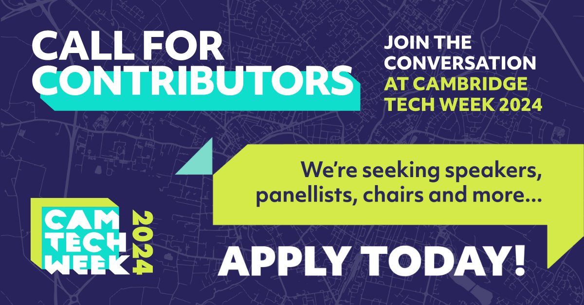 Be part of the conversation at #CamTechWeek 2024!
 We're seeking individuals to contribute their unique perspectives on a variety of exciting topics including:

🤖#AI
⚛ #Quantum
📱#Semiconductors
⚡️#Innovation
🚀#Scaleup support
🔋#ClimateTech

👉 cambridgetechweek.co.uk/call-for-contr…