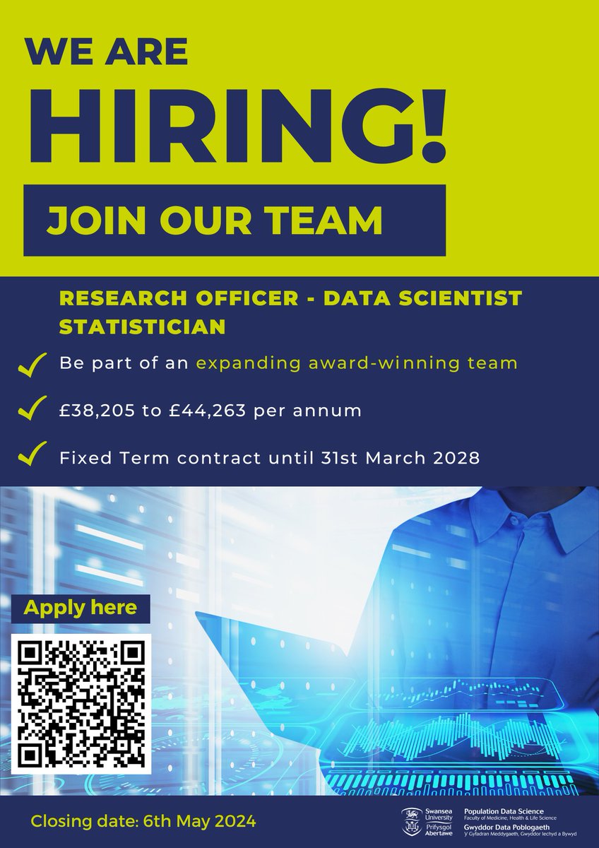 Brilliant opportunity to join our expanding award-winning team here @PopDataSci_SU⭐️ RESEARCH OFFICER - DATA SCIENTIST STATISTICIAN 👉Salary: £38,205 to £44,263 per annum 👉Closing date: 6 May 2024 Apply here👉 swansea.ac.uk/jobs-at-swanse… @RhiannonKOwen @SwanseaUni @DrJimRafferty