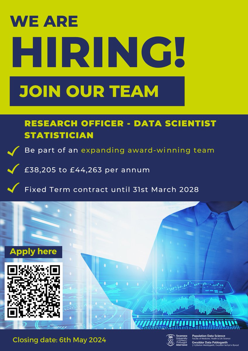 Brilliant opportunity to join our expanding award-winning team here <a href="/PopDataSci_SU/">Population Data Science at Swansea University</a>⭐️

RESEARCH OFFICER - DATA SCIENTIST STATISTICIAN

👉Salary: £38,205 to £44,263 per annum
👉Closing date: 6 May 2024
Apply here👉 swansea.ac.uk/jobs-at-swanse…

<a href="/RhiannonKOwen/">Rhiannon K Owen</a> <a href="/SwanseaUni/">Swansea University</a> <a href="/DrJimRafferty/">Jim Rafferty</a>