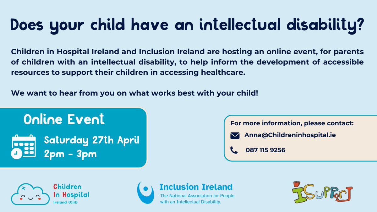 Last chance to have your say! We are hosting an online event, for parents of children with an intellectual disability, to help inform the development of accessible resources to support their children in accessing healthcare. Register - eventbrite.ie/e/875915184897… @InclusionIre