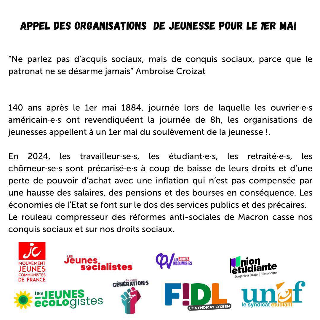 🔴 Appel des organisations de jeunesse pour le #1erMai « Ne parlez pas d'acquis sociaux, mais de conquis sociaux, parce que le patronat ne se désarme jamais » Ambroise Croizat Rendez-vous dans la rue ✊