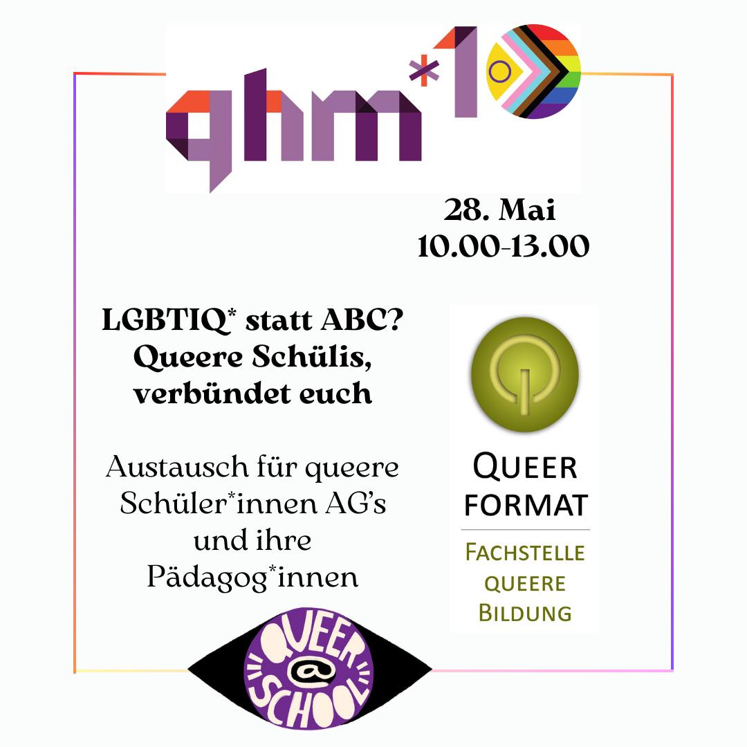 Wir feiern 10 Jahre Queer History Month Berlin 📷
Am 28.05.24 mit diesem Austausch für queere Schüler*innen und ihre Pädagog*innen: LGBTIQ* statt ABC? Queere Schülis, verbündet euch!
Weitere Infos: queerhistory.de/programm

#queerhistorymonthberlin #queerhistorymonth #queerhistory