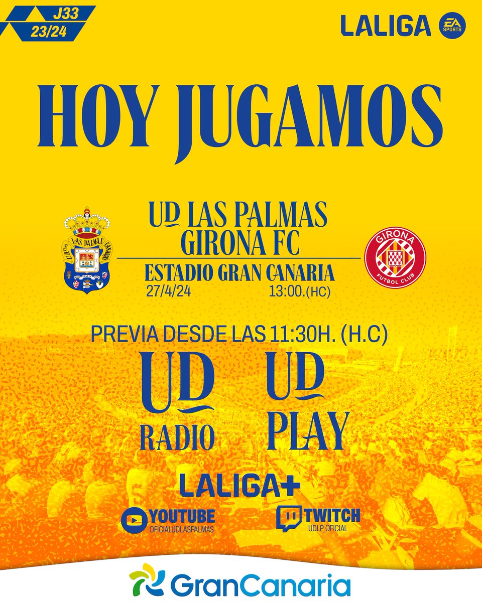 🎙️ #LasPalmasGirona | Los detalles de la previa, el partido y el postpartido.

🔗#UDRadio 101.9FM - LPGC | 104.8FM - Sur/Sureste | 96.5FM - Norte
🔗 bit.ly/3vYtLKv
🔗 youtube.com/live/80GMPZv9h…
🔗 twitch.tv/udlp_oficial

#LaUniónHaceLasPalmas 💛💙 #LaUniónDePorVida