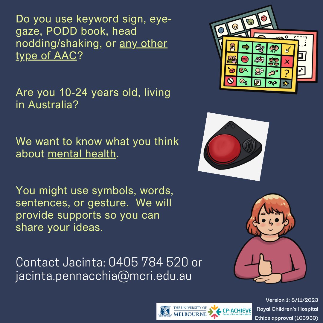 Do you use #AAC... PODD, switches, NOVA chat, Keyword sign, LAMP, Grid, eye-gaze tech, core boards! The list goes on. 

If you use any #augcomm, are 10-24yo living in Australia, I want to know what YOU think about mental health! 

DM me or text 0405 784 520