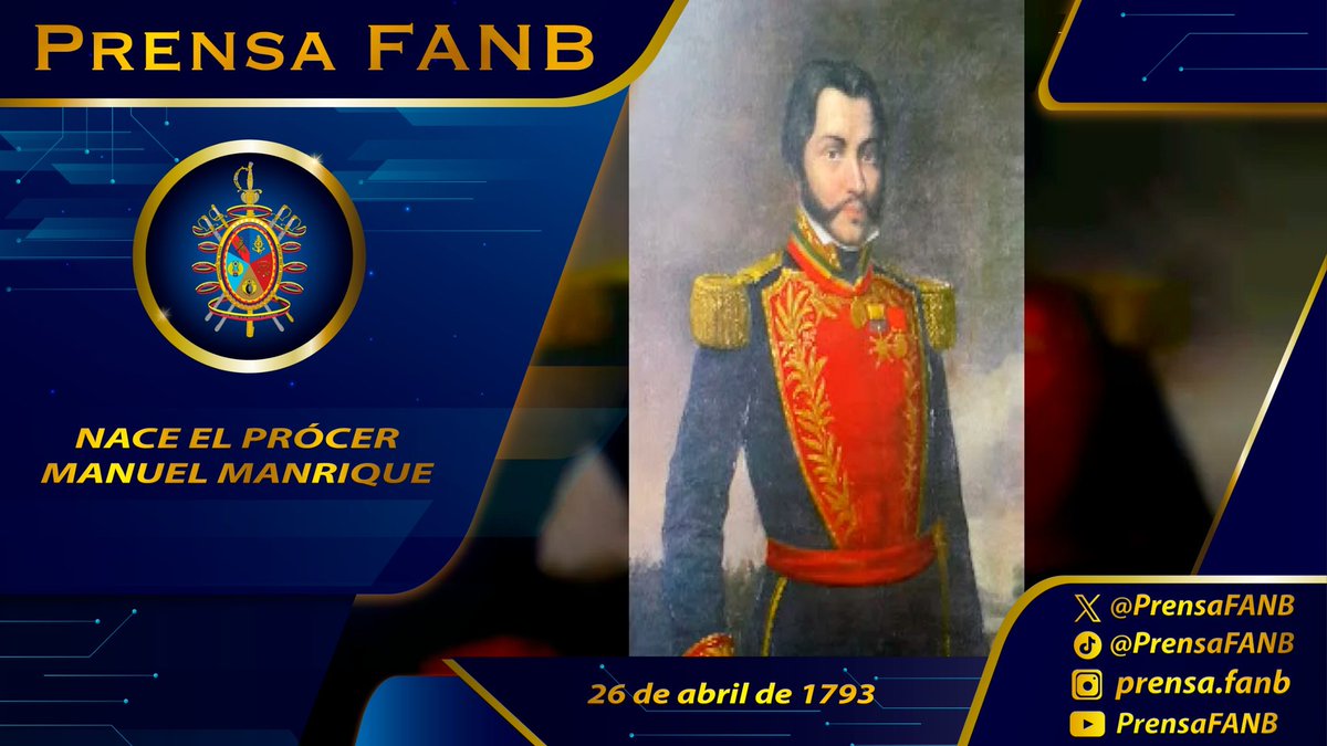 🗓️ #26Abr || Hace 231 años, nació en Cojedes un notable líder militar, político y patriota venezolano, Manuel Antonio Manrique Villegas. Desempeñó un papel fundamental en la Guerra de la Independencia, luchando valientemente por la libertad. Sus contribuciones a la causa de la…