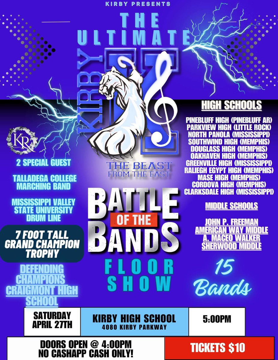 Cougar Nation,

Tomorrow night, we are hosting our Battle of the Bands competition at the KHS Gym. Doors open at 4PM, tickets are $10, and the show will be spectacular! See the flyer for more details!

#KirbyStrong
#CougarNation
#wearebuiltforthis
#SeeTheFutureMSCS