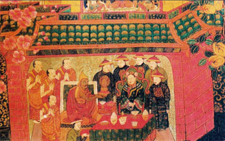 #PotalaPalace painting of the 5th #DalaiLama meeting the Emperor in Beijing, 1653.