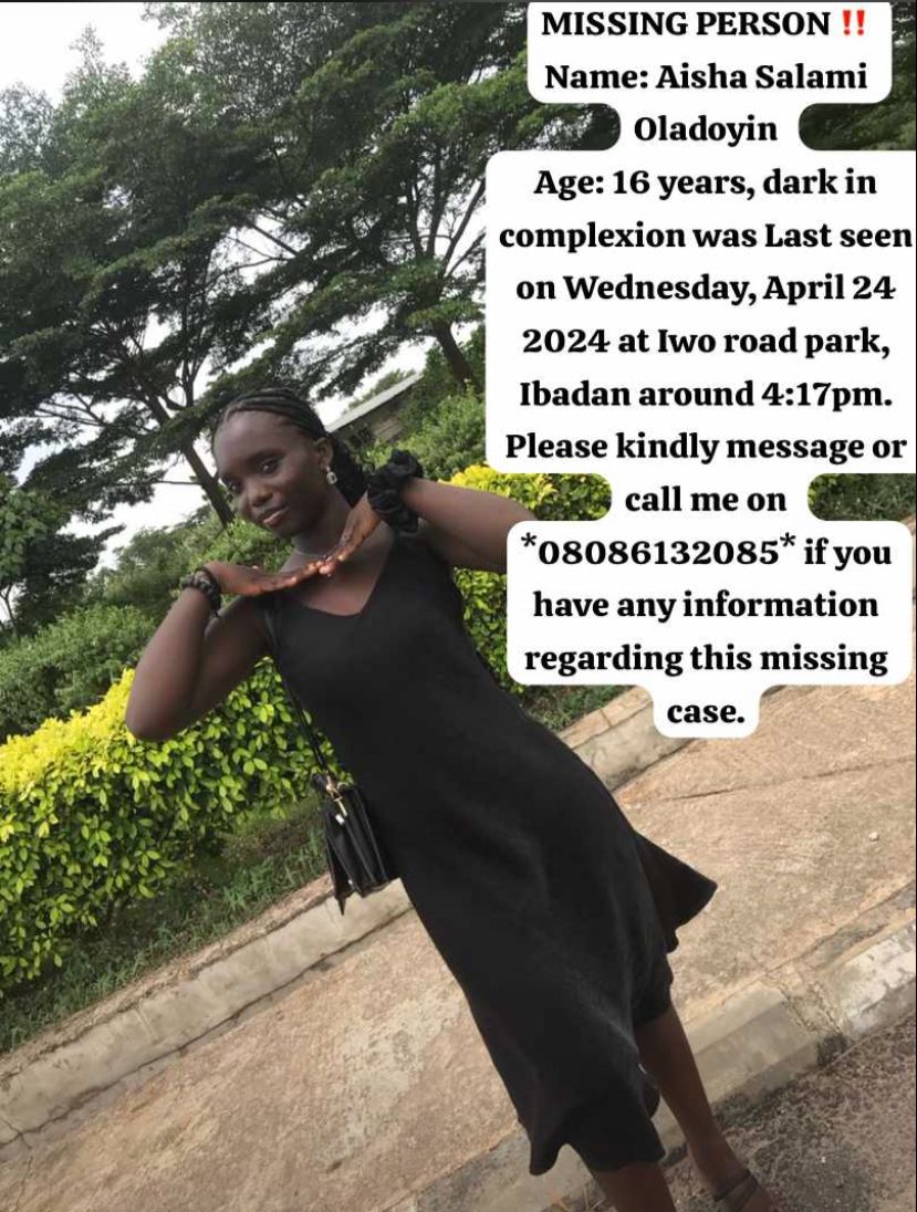 eeswat_'s tweet photo. Please kindly retweet if you see this.
We are looking for Aisha Oladoyin Salami 
Age: 16 years, dark in complexion was Last seen on Wednesday, April 24 2024 at Iwo road park, Ibadan around 4:17pm. Please kindly message or call me on 08086132085 if you have any information. https://t.co/auRnonvtiQ