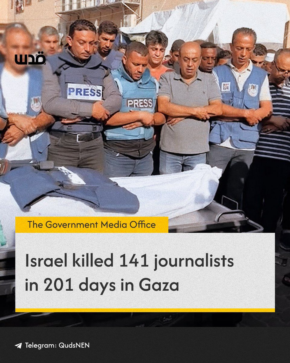 New: Israel has killed 141 journalists in Gaza during the first 201 days of its genocide there. Source: Gaza government media office via @QudsNen.