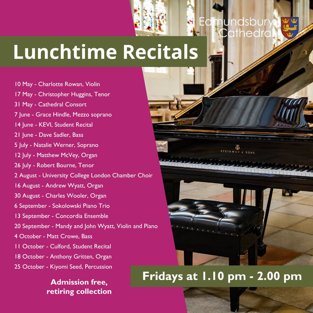 Our Lunchtime Recital Series returns in May with Charlotte Rowan, Violin (10 May), Christopher Huggins, Tenor (17 May) and Cathedral Consort (31 May). Fridays from 1.10 pm – 2.00 pm. Admission is free and there will be a retiring collection.