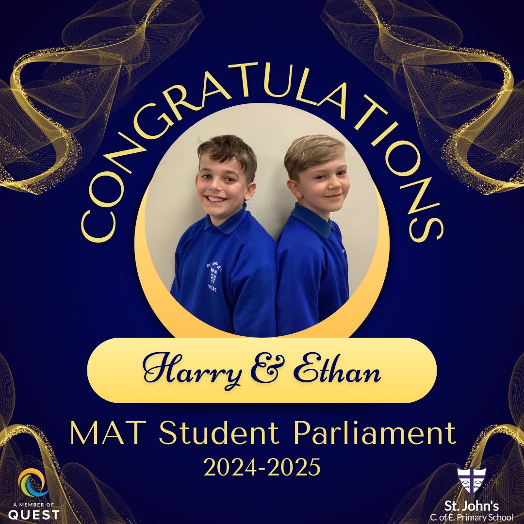 The votes are in! Congratulations to Harry & Ethan on being voted the MAT Student Parliament for the 2024-2025 academic year by their peers. We think they will do an amazing job! @QUESTtrust @CEO__Quest @PlayPals_QUEST @sjafosj #TeamAbram #Quest #StudentParliament #FridayFeeling