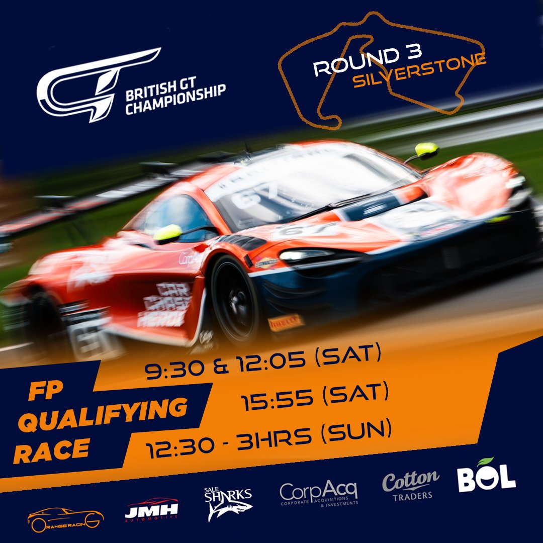 TIMETABLE ➡️ Silverstone 500

Huge race coming up! Time to paint the town Orange this weekend 🍊 

⏱️ tsl-timing.com/event/241705
📺 youtube.com/@GTWorld

#BritishGT I #Silverstone500