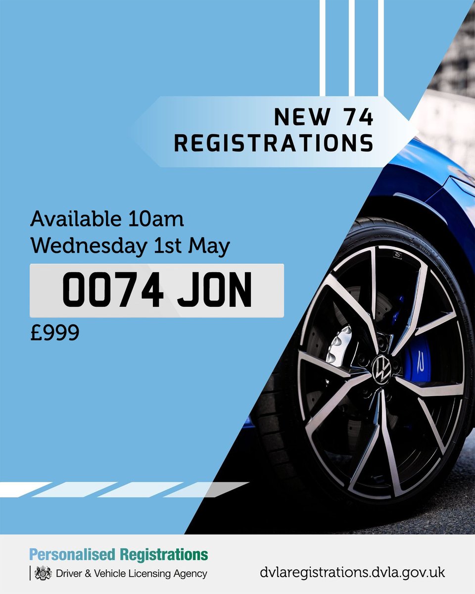 Hey Jon is this the perfect registration for you?

The new 74 series of registrations is now available for viewing! 🤩

This will be available to buy from 10am on the 1st of May 📆

Find your favourite here 👉 ow.ly/7JTO50Rc7OW
#MyDVLAReg #MakeItPersonal #DVLARegistrations