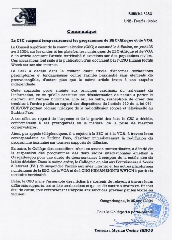 #BurkinaFaso : Les radios BBC Afrique et la Voix de l’Amérique (VOA) suspendues par le Conseil supérieur de la communication au Burkina Faso pour avoir diffusé sur leurs ondes, un rapport de l’ONG Human Rights Watch