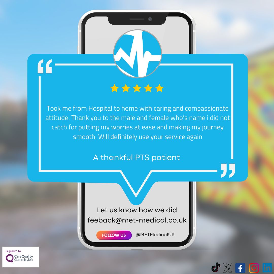 It's #FeedbackFriday and we've received another happy feedback from a patient our team transported from Hospital to home. 

Email bookings@met-medical.co.uk and our friendly team will respond with a personalised quote!

#PatientTransportService #PatientFeedback #HospitalTransport
