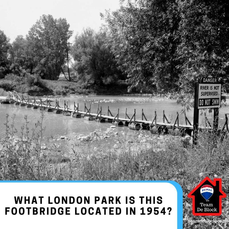 🔙✨ Flashback Friday Time! Can you guess which vibrant park this footbridge is located in London, Ontario in 1954? 🏘️ Drop your guesses in the comments below! 👇 #FlashbackFriday #LondonOntario #CityGuessingGame #teamdeblock #teamsworktogether #519ldn #londonontariorealestate