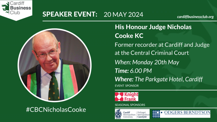There’s less than a month to go until our dinner event with His Honour Judge Nicholas Cooke KC. Nicholas has appeared in a range of courts, inquiries, and tribunals, from Cardiff Magistrates Court to the House of Lords. cardiffbusinessclub.org/event/217/his-… #CBCNicholasCooke