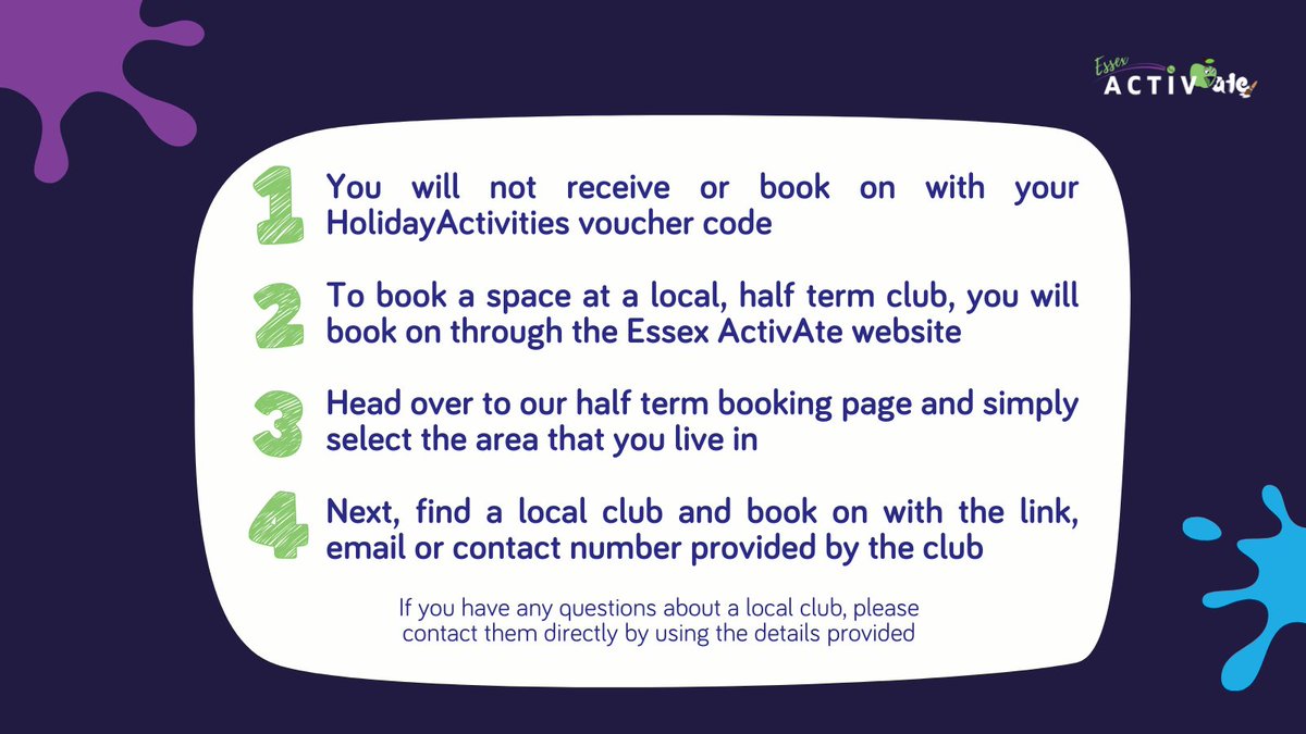 Bookings go live for our May half term holiday clubs on Monday 29th April at 12pm midday!📅 Clubs will be offering a range of exciting activities to support families & children during the break. Take a look how parents can book👇 #EssexActivAte Read more: ow.ly/Gu6950RiMxH