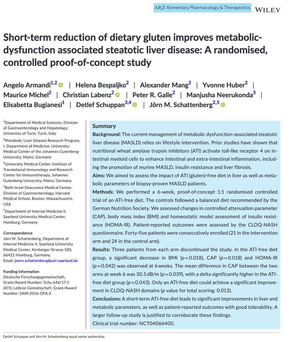 Proof-of-concept clinical trial showing that a GLUTEN-free-diet ameliorates MASLD. Is it due to decreased carbs intake and BMI or to immune effects ? Any biomarker for personalized medicine ? #livertwitter @APandT t.ly/BfN1z