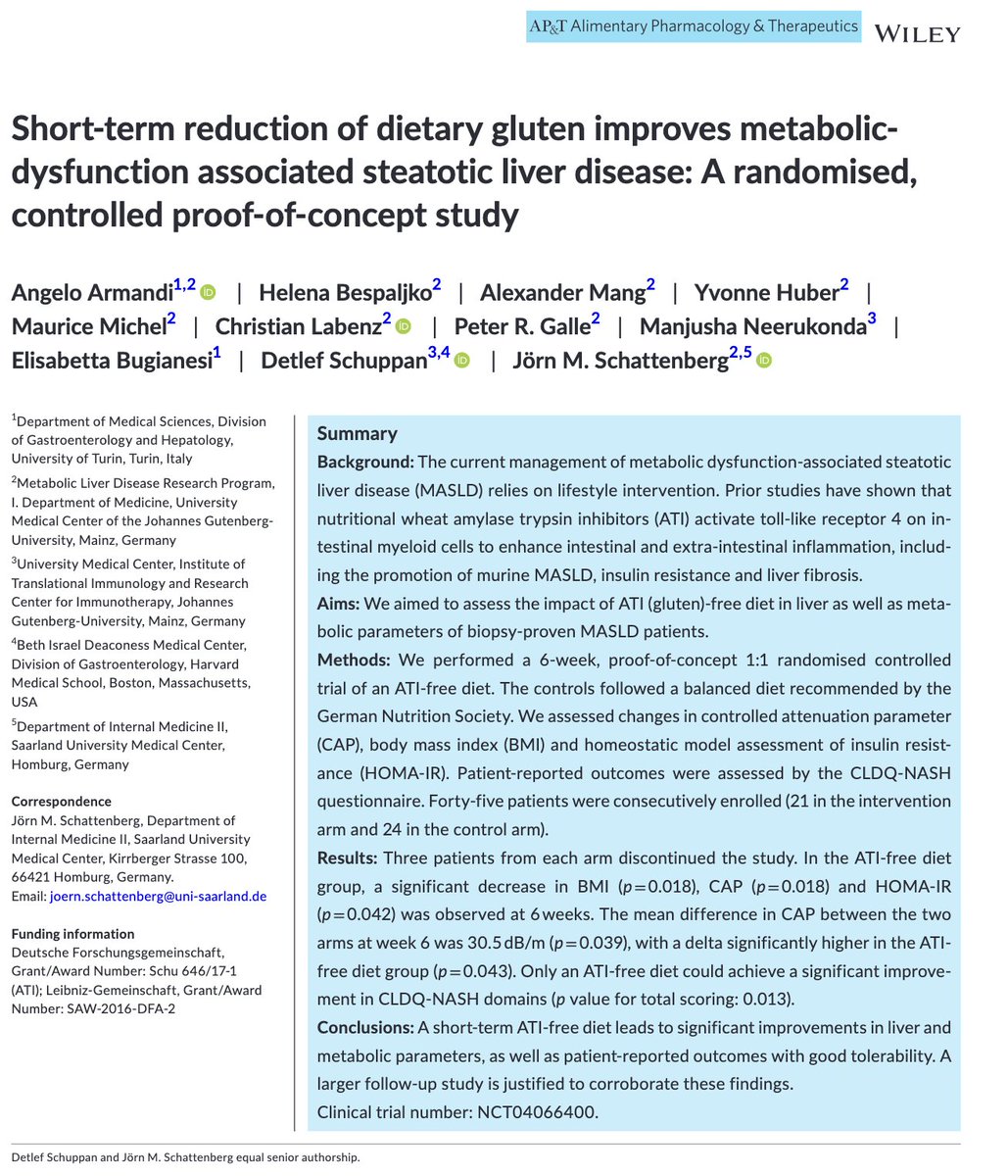 Ramon Bataller (@rabataller) on Twitter photo Proof-of-concept clinical trial showing that a GLUTEN-free-diet ameliorates MASLD.
Is it due to decreased carbs intake and BMI or to immune effects ?
Any biomarker for personalized medicine ?
#livertwitter <a href="/APandT/">roypounder.apt</a> t.ly/BfN1z Proof-of-concept clinical trial showing that a GLUTEN-free-diet ameliorates MASLD.
Is it due to decreased carbs intake and BMI or to immune effects ?
Any biomarker for personalized medicine ?
#livertwitter <a href="/APandT/">roypounder.apt</a> t.ly/BfN1z
