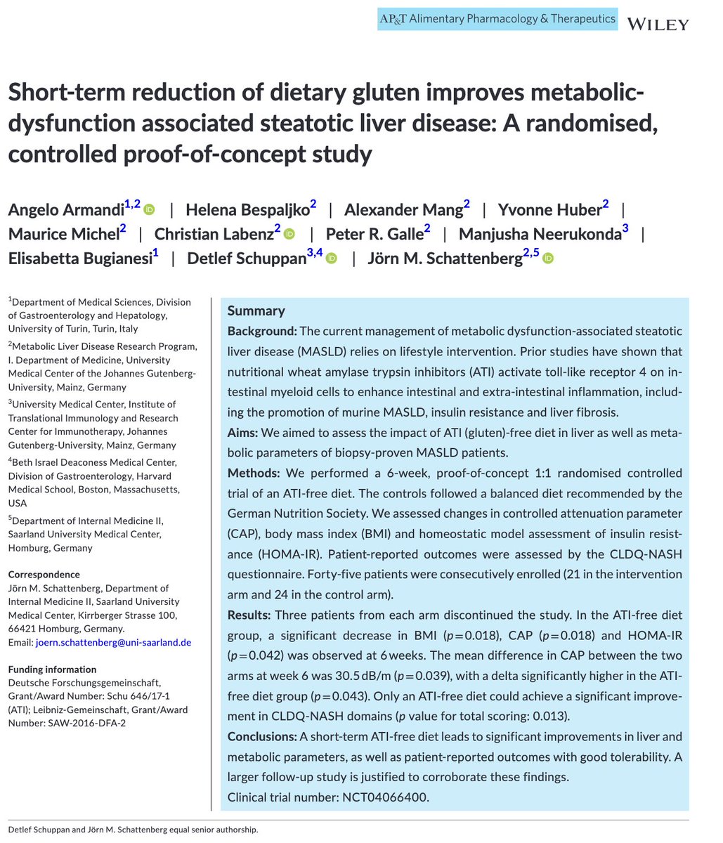 Proof-of-concept clinical trial showing that a GLUTEN-free-diet ameliorates MASLD.

Is it due to decreased carbs intake and BMI or to immune effects ?

Any biomarker for personalized medicine ?

#livertwitter @APandT t.ly/BfN1z