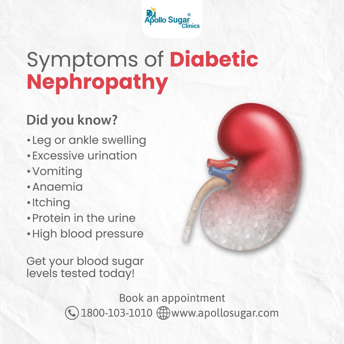 Diabetic Nephropathy is a kidney disease caused by diabetes & is one of the leading causes of end-stage kidney disease. But it can be avoided by raising awareness. To book your blood sugar test, call 1800-103-1010.

#DiabeticNephropathy #KidneyDisease #DiabetesAwareness